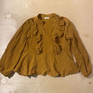 ANDTHEWHY Women's Mustard Ruffle Blouse Small (DT)